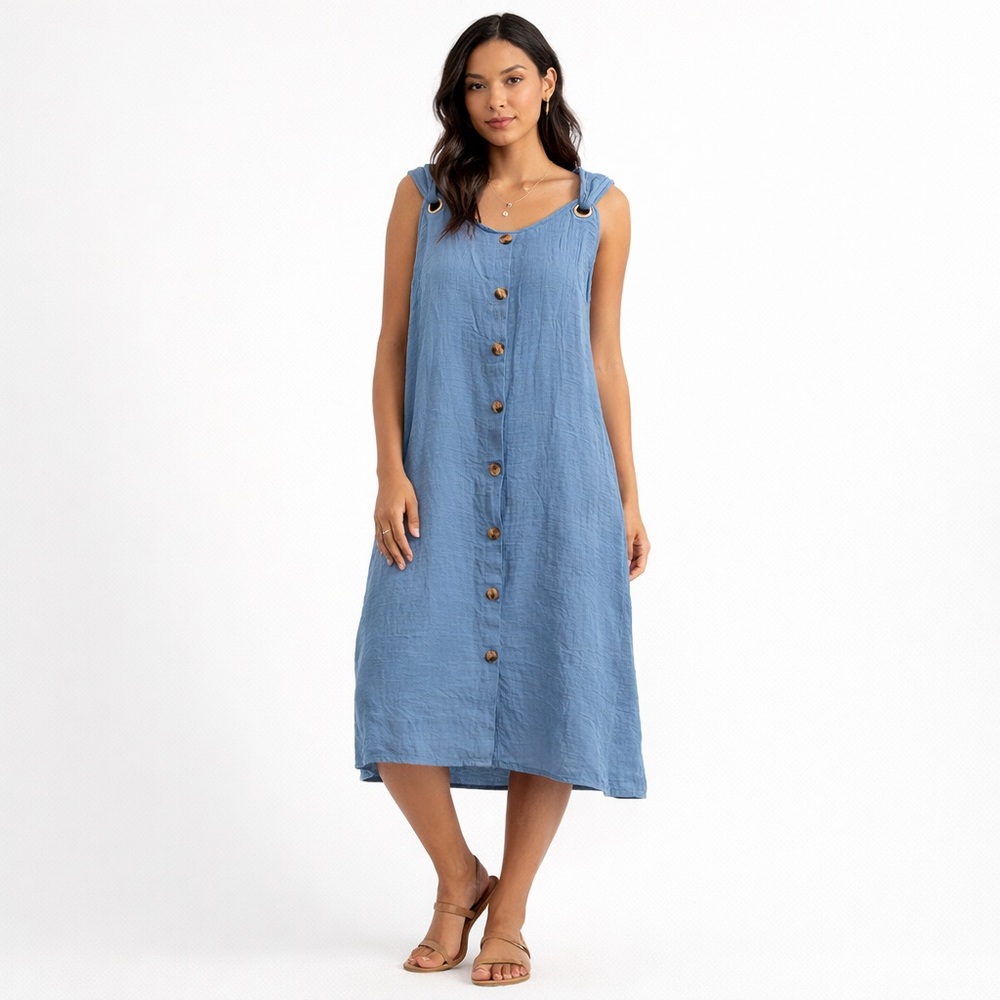 Blue Button Front Sleeveless Midi Dress Large